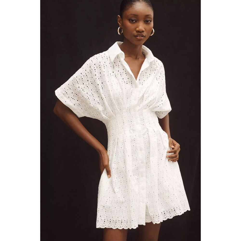 Anthropologie Exquise Tobie Eyelet Mini Shirtdress White Bridal Bachelorette S